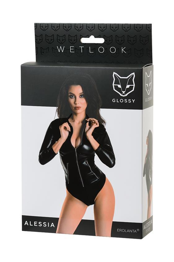 Erolanta Alessia sexy Wetlook Body Glossy schwarz mit Zipper & langen Ärmeln S - XL