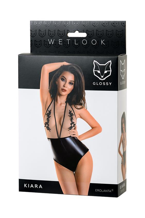 Erolanta Kiara sexy Wetlook Tüll Body mit StickereienGlossy schwarz S - XL